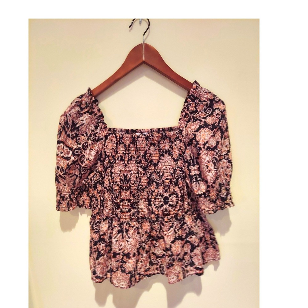 Dakota Steve Madden Boho Smocked Paisley Puff Sleeve Peplum Fairy Top Black‎ M